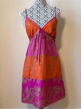 Guess silk dress spaghetti strap bold pink orange batik print. Mini low back